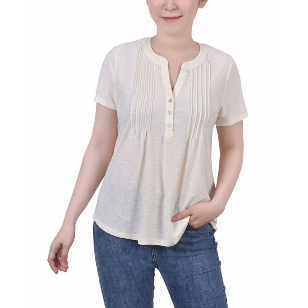 NY Collection Petite Short Sleeve Y Neck Jacquard Knit Top